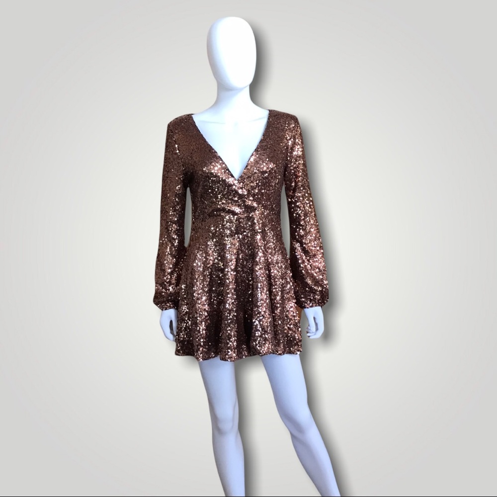Line & Dot Metallic SequinLong Sleeve V-Neck Romper